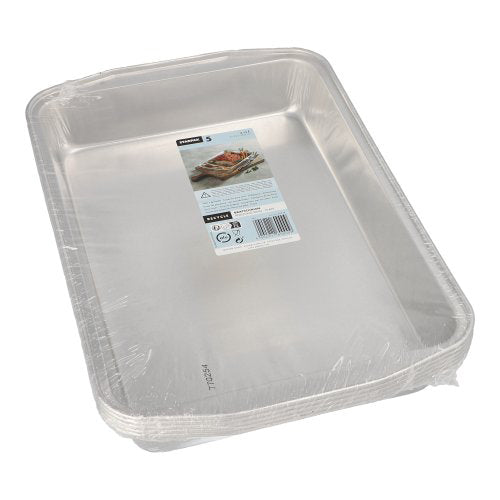 A pack of five rectangular Starpak aluminum roasting trays (3.15 l, 5 x 25 x 36.6 cm, silver), wrapped in clear shrink wrap, with a top label featuring usage instructions and a food image.