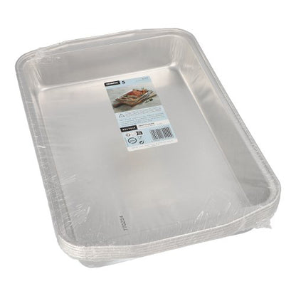 A pack of five rectangular Starpak aluminum roasting trays (3.15 l, 5 x 25 x 36.6 cm, silver), wrapped in clear shrink wrap, with a top label featuring usage instructions and a food image.