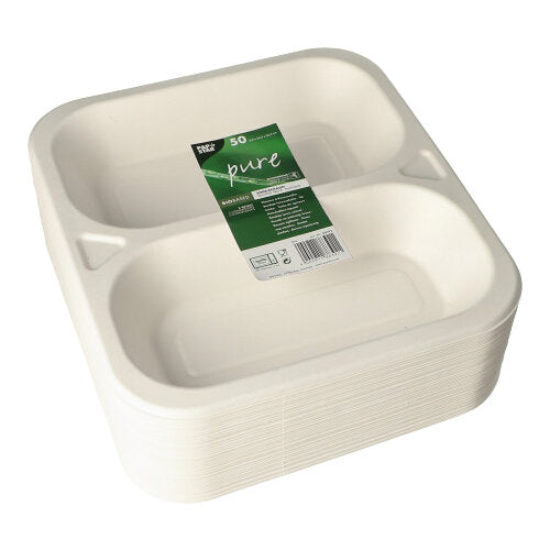 A stack of 50 white, rectangular PAPSTAR sugarcane sealing bowls (4.2 x 24.5 x 26.5 cm), packaged in clear plastic and labeled with a green '50 pure' sticker – an eco-friendly packaging by PAPSTAR GmbH for food packaging needs.