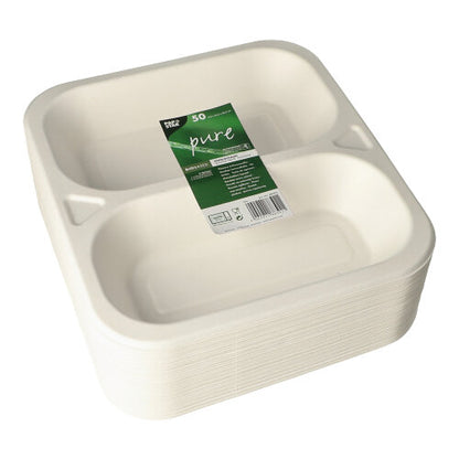 A stack of 50 white, rectangular PAPSTAR sugarcane sealing bowls (4.2 x 24.5 x 26.5 cm), packaged in clear plastic and labeled with a green '50 pure' sticker – an eco-friendly packaging by PAPSTAR GmbH for food packaging needs.