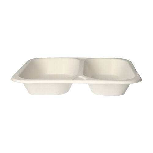 A white, rectangular PAPSTAR 50 sealing bowl food tray (4.2 x 24.5 x 26.5 cm) made from sugarcane with two compartments from PAPSTAR GmbH is depicted from the side on a plain white background – an eco-friendly food packaging.