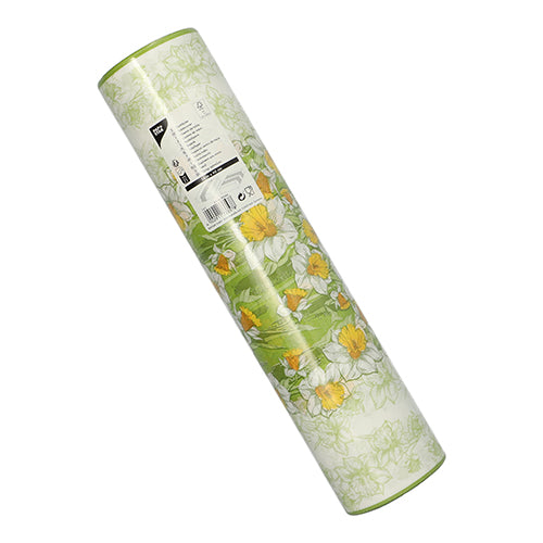 The PAPSTAR table runner, fabric-like (Airlaid 24 m x 40 cm) from PAPSTAR GmbH, with a green border and white background with yellow-white flowers, is ideal for festive occasions and is shown at an angle with the label facing up.