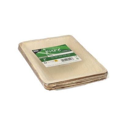 A stack of rectangular PAPSTAR 6 plates, palm leaf "pure" square natural from PAPSTAR GmbH in a transparent plastic packaging with a green-white label on top.