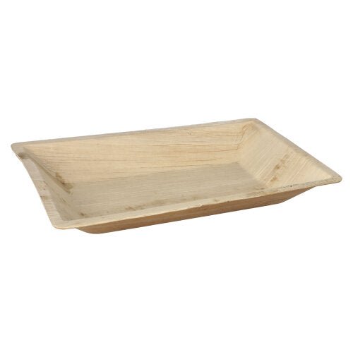 The 6 square natural palm leaf plates "pure" from PAPSTAR GmbH are rectangular, biodegradable plates made from palm leaf with a slightly raised edge and smooth surface – ideal as sustainable tableware for any occasion.