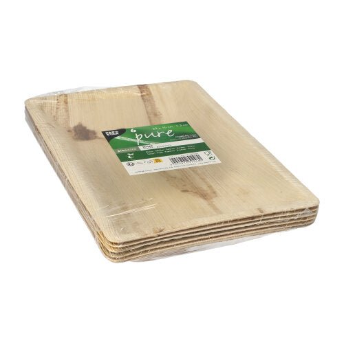 A stack of PAPSTAR 6 plates, palm leaf "pure" square natural from PAPSTAR GmbH in transparent plastic wrap with a green-white label, offers a sustainable tableware solution for environmentally conscious occasions.