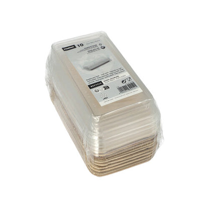 Cuireann an Starpak 10 Sushi-Schalen Palmblatt cearnógach le clúdach rPET "Kombipack" miasa dronuilleogacha le clúdach ar fáil, iontach chun sushi a sheirbheáil agus a stóráil go háisiúil nó chun iad a chomhcheangal le clúdach rPET oiriúnach.