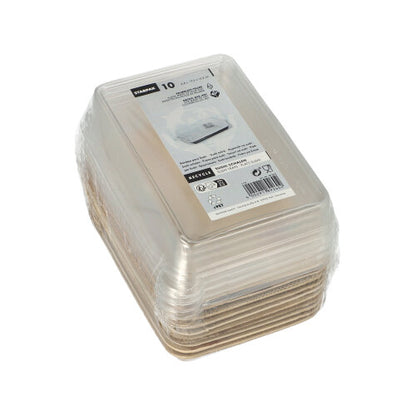 Pacáiste de dheich gcoimeádán bia Palmblatt Starpak 10 Sushi-Schalen dronuilleogach i ndonn, gach ceann le clúdach rPET trédhearcach ("Kombipack"), fillte i bplaisteach agus lipéad faisnéise táirge ar an mbarr.