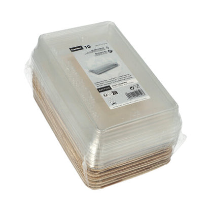 Starpak 10 Sushi-Schalen Palmblatt cearnógach le clúdach rPET "Kombipack": Deich gcoimeádán Palmblatt dronuilleogach le bonn donn agus clúdaigh rPET, lipéadaithe le faisnéis táirge agus athchúrsála - iontach do bhéilí sushi úra.