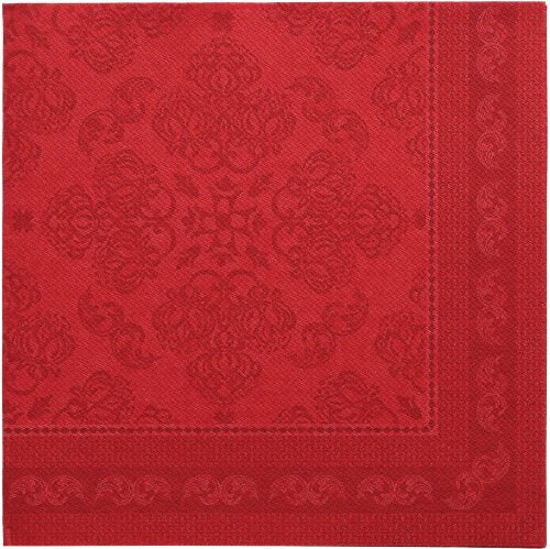 The PAPSTAR 50 napkins "ROYAL Collection" 1/4-fold 40 x 40 cm in burgundy are characterized by a square shape with embossed floral and geometric patterns, a darker red border, and a sophisticated, symmetrical design - premium quality from PAPSTAR GmbH.