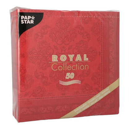A burgundy PAPSTAR 50 napkins "ROYAL Collection" 1/4-fold (40 x 40 cm) pack from PAPSTAR GmbH with gold-white lettering and a subtle decorative pattern.