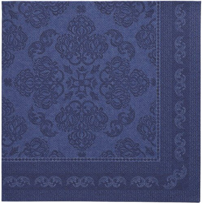 A dark blue, 40x40 cm square paper napkin from the PAPSTAR ROYAL Collection from PAPSTAR GmbH with an embossed, ornate floral and swirl center and a decorative border.