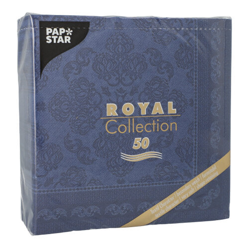 Eine blaue Packung PAPSTAR GmbH 50 Servietten "ROYAL Collection" 1/4-Falz, 40x40 cm, dunkelblau, mit einem verschnörkelten Muster und goldenen Akzenten.