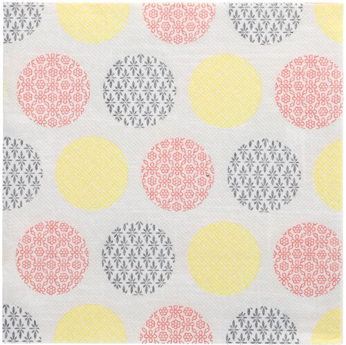 A white surface with a grid of large yellow, pink, and gray circles, each featuring a distinct floral or geometric pattern - reminiscent of the 50 "ROYAL Collection" napkins 1/4-fold 40x40 cm yellow by PAPSTAR GmbH.