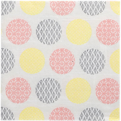 A white surface with a grid of large yellow, pink, and gray circles, each featuring a distinct floral or geometric pattern - reminiscent of the 50 "ROYAL Collection" napkins 1/4-fold 40x40 cm yellow by PAPSTAR GmbH.