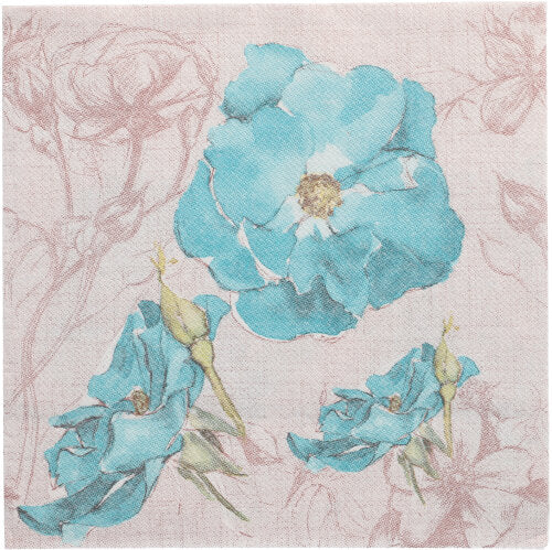 The PAPSTAR 50 napkins "ROYAL Collection" 1/4 fold 40 x 40 cm turquoise from PAPSTAR GmbH feature a printed motif of three blue flowers with beige outlines on light beige - ideal for the stylishly set table.