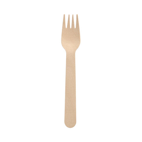 A pack of PAPSTAR 10 forks, wood “pure” from PAPSTAR GmbH made from sustainable wood with a flat handle is presented environmentally friendly against a plain white background.