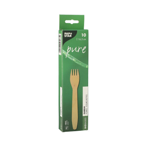 A green “PAPSTAR” box with the inscription “pure” contains 10 environmentally friendly wooden forks (16.5 cm) made from sustainable wood, with the product name “PAPSTAR 10 forks, wood pure” and a fork illustration on the packaging.