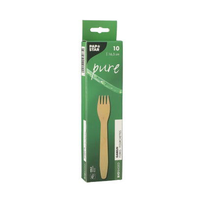 A green “PAPSTAR” box with the inscription “pure” contains 10 environmentally friendly wooden forks (16.5 cm) made from sustainable wood, with the product name “PAPSTAR 10 forks, wood pure” and a fork illustration on the packaging.