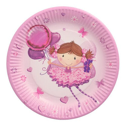 The PAPSTAR 10 plates, round cardboard Ø 23 cm from PAPSTAR GmbH offers pink disposable plates for parties, decorated with a smiling girl in a frilly dress, balloons, gifts, and in the background hearts, flowers, and butterflies.