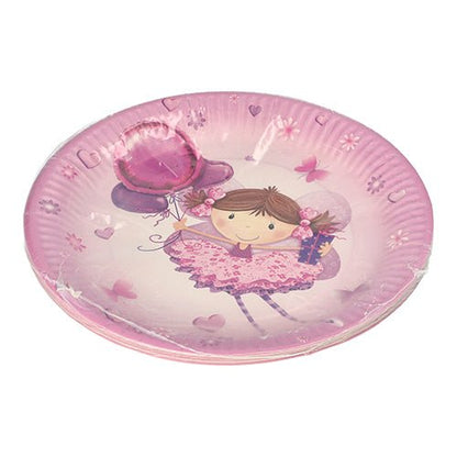 PAPSTAR 10 plates, round cardboard Ø 23 cm from PAPSTAR GmbH – pink plates with a girl in a pink dress holding a balloon, hearts, and flowers. Perfect disposable plate for parties & events. The plates are delivered in a plastic package.