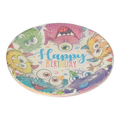 The PAPSTAR 10 plates, round cardboard Ø 23 cm from PAPSTAR GmbH features colorful cartoon monsters and “Happy Birthday” on a white background with confetti – perfect for parties and events.