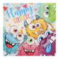 Eine lebendig illustrierte Geburtstagskarte mit fünf Cartoon-Monstern und "Happy Birthday" in Blau und Gelb passt perfekt zu PAPSTAR GmbH 20 Servietten, 33 cm x 33 cm, 3-lagig, Design Set 4.