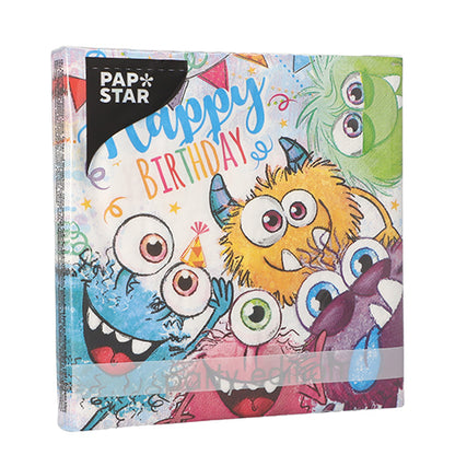 Ein Stapel PAPSTAR 3lagig Servietten (20 Stück, 33x33 cm, Set 4) mit Cartoon-Monstern, Konfetti und "Happy Birthday"-Ideal als Tischdekoration. Oben links ist ein schwarzes "PAP STAR" Etikett der Marke PAPSTAR GmbH zu sehen.
