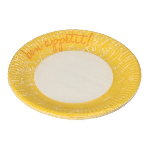 The PAPSTAR 10 plates, paper round Ø 23 cm from PAPSTAR GmbH have a yellow rim with "Guten Appetit!" in orange and white cursive at the rim - ideal for parties and events.