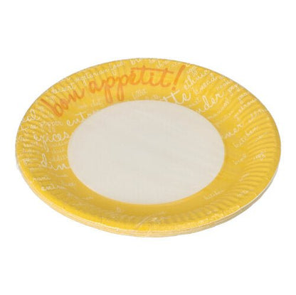 The PAPSTAR 10 plates, paper round Ø 23 cm from PAPSTAR GmbH have a yellow rim with "Guten Appetit!" in orange and white cursive at the rim - ideal for parties and events.