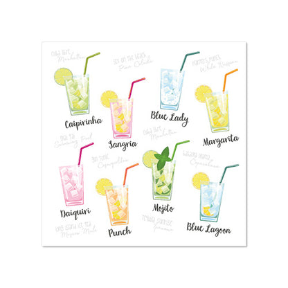 Image of nine cocktails in glasses with ice, garnishes and PAPSTAR 20 napkins, 25x25 cm 3-ply from PAPSTAR GmbH. Cocktails like Caipirinha, Sangria, Blue Lady, Margarita, and Mojito are equipped with straws and fruit slices.