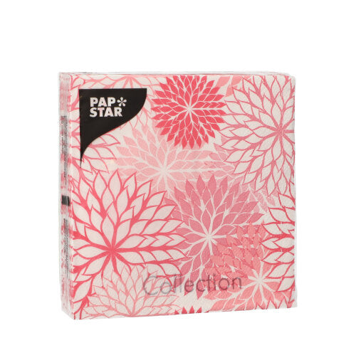 A square pack of 20 PAPSTAR napkins (25 cm x 25 cm, three-ply, 1/4 fold) from PAPSTAR GmbH with a pink-white floral pattern with large blossoms and a black PAP STAR logo in the upper left corner.