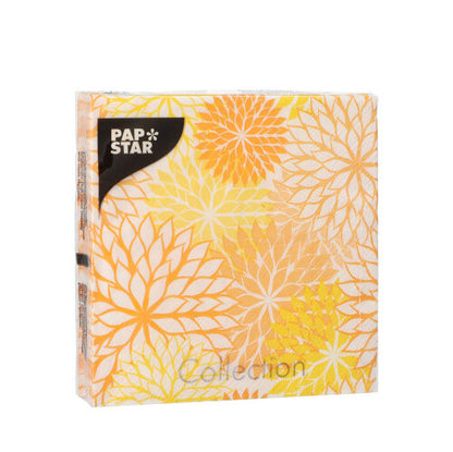 A pack of 3-ply napkins 25x25 cm 1/4-fold from PAPSTAR GmbH contains 20 napkins with a floral pattern in yellow and orange on white – ideal for table decoration and nicely packaged in clear foil.