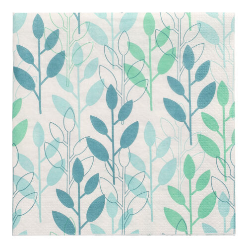 The PAPSTAR 20 napkins, 33x33 cm, 3-ply from PAPSTAR GmbH with blue and green leaf pattern on white are ideal as stylish napkins for any occasion.