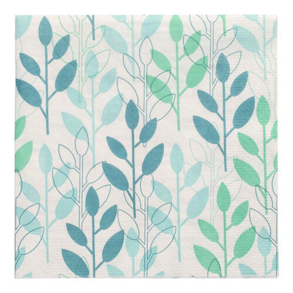 The PAPSTAR 20 napkins, 33x33 cm, 3-ply from PAPSTAR GmbH with blue and green leaf pattern on white are ideal as stylish napkins for any occasion.