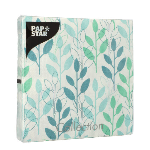A sealed package of PAPSTAR GmbH 20 napkins, blue, 3-ply, 33 x 33 cm, 1/4-fold, with "Collection" on the front.