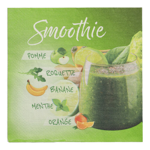 Ein grüner Smoothie in einem Glas, mit beschrifteten französischen Illustrationen von Apfel, Rucola, Banane, Minze und Orange auf grünem Hintergrund. Angezeigt mit PAPSTAR GmbH 20 Servietten (33x33 cm, 3-lagig) Design Set 2. Oben steht "Smoothie".