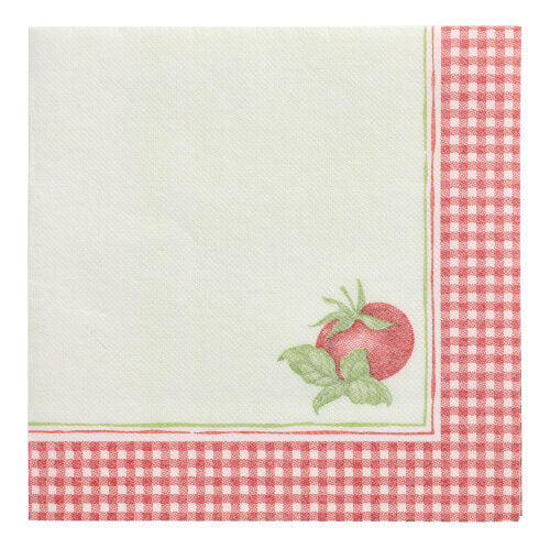 Tá na 50 naipcín "ROYAL Collection" 1/4-Falz 40 x 40 cm de chuid PAPSTAR GmbH maisithe le teorainn dearg-bán seicear, léaráid bheag trátaí agus lárphointe glan bán a chuireann béim ar an dearadh ardchaighdeáin.