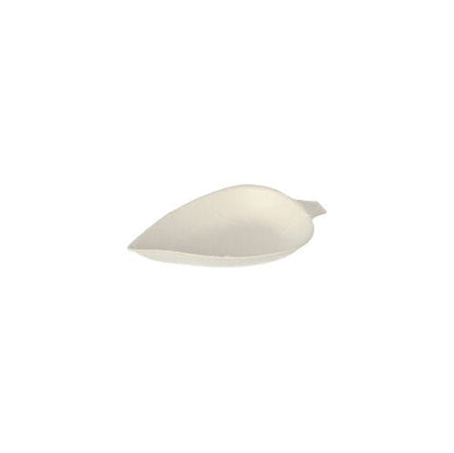 Presented on a plain, white background is a compact, white PAPSTAR 12 finger food plate from PAPSTAR GmbH, in leaf shape with a pointed tip and raised edge, made from biodegradable sugarcane "pure".