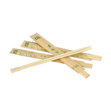 Several couples PAPSTAR GmbH "pure" bamboo chopsticks, 21 cm, individually wrapped in plastic, are laid out on a white background; some pairs have sleeves featuring green designs and text.