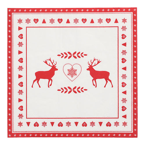 PAPSTAR 20 Servietten, 40 cm x 40 cm, 3-lagig von PAPSTAR GmbH mit rotem und weißem Design: zwei Rentiere, Herz mit Schneeflocke und festlichem Bordürenmuster aus Herzen, Schneeflocken und Bäumen.