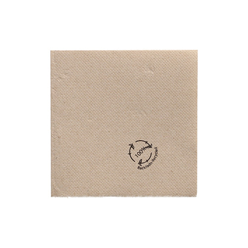 The PAPSTAR napkins 1/4-fold, 20x20 cm natural from recycled paper (100 pieces) by PAPSTAR GmbH is a brown, recycled napkin with a black "100% Recycled" stamp and recycling symbol on a white background.