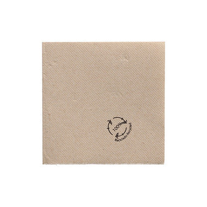 The PAPSTAR napkins 1/4-fold, 20x20 cm natural from recycled paper (100 pieces) by PAPSTAR GmbH is a brown, recycled napkin with a black "100% Recycled" stamp and recycling symbol on a white background.