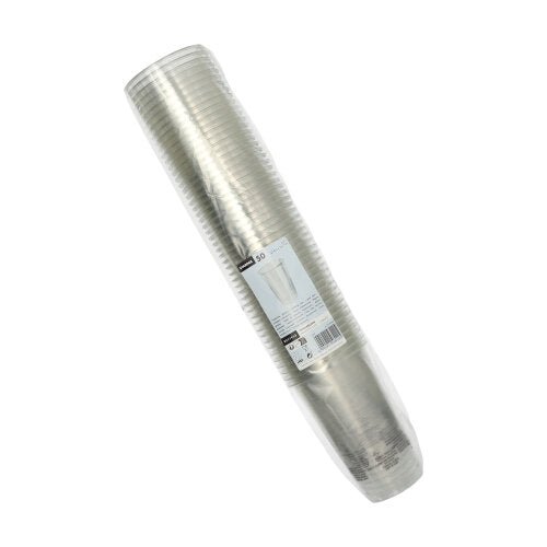 A sealed stack of 50 Starpak R-PET clear drinking cups from Starpak, packaged in plastic, viewed from an angle from above. The packaging has a white label with text and a barcode, ideal for eco-friendly drink serving.