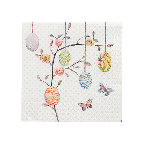 A blooming branch shows five decorated Easter eggs on strings, next to two butterflies. The white background with light blue dots is ideal for the PAPSTAR 20 napkins, 25 cm x 25 cm, 3-ply from PAPSTAR GmbH.