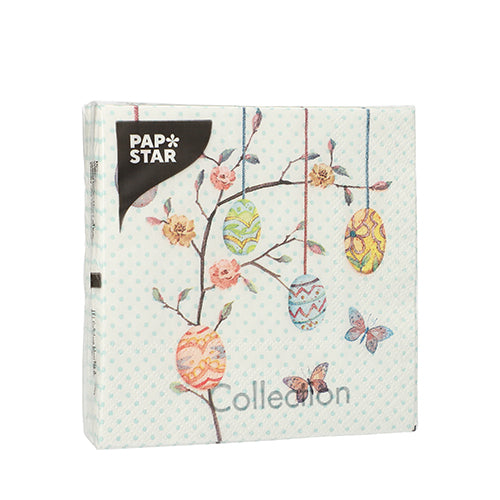 A square pack of 20 napkins from PAPSTAR GmbH, 25 cm x 25 cm, 3-ply, features a label and decorated Easter eggs on branches with flowers and butterflies on a light blue dotted background.