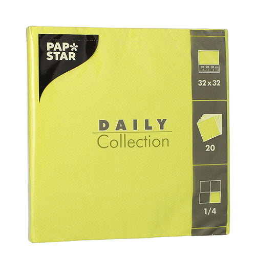 The “DAILY Collection” pack by PAPSTAR GmbH contains 20 yellow napkins with 1/4-fold (32 x 32 cm); the packaging features symbols with size, quantity, and fold type information.