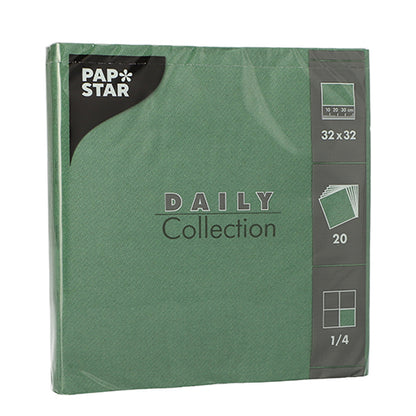 A green pack with 20 napkins "DAILY Collection" from PAPSTAR GmbH, 32 x 32 cm, 1/4-fold – perfect for a stylish table decoration, with product details on the front.