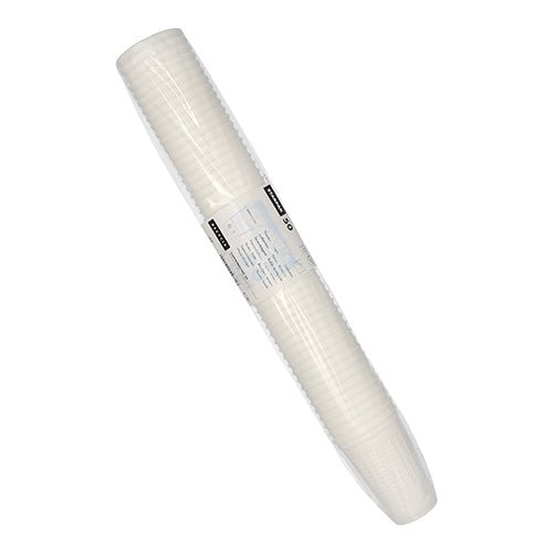 A 50-pack of white Starpak thermal mugs (PP, 0.25 l, Ø 7.8 cm, 11 cm) in clear foil with a central label – ideal for hot beverages due to the excellent insulation.