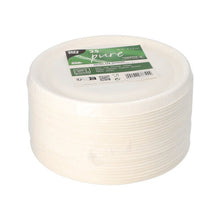 A stack of 25 white PAPSTAR "pure" lids for sugarcane bowls (Ø 17 cm), packaged in clear foil with branding - ideal for the convenient and eco-friendly gastronomy of PAPSTAR GmbH.