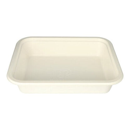 The PAPSTAR Gastronorm container GN 1/2 is a white, rectangular disposable container with rounded corners, made from eco-friendly sugarcane and coated with PLA. Biodegradable design. Brand: PAPSTAR GmbH. Package (1 piece).